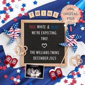 Twins digital pregnancy announcement 4th of July for social media, Editable Fourth of July Twin baby announcement, December 2023