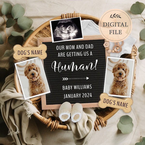 Digital pregnancy announcement 2 dogs for social media, Dog baby announcement, Facebook pregnancy announce, Editable template