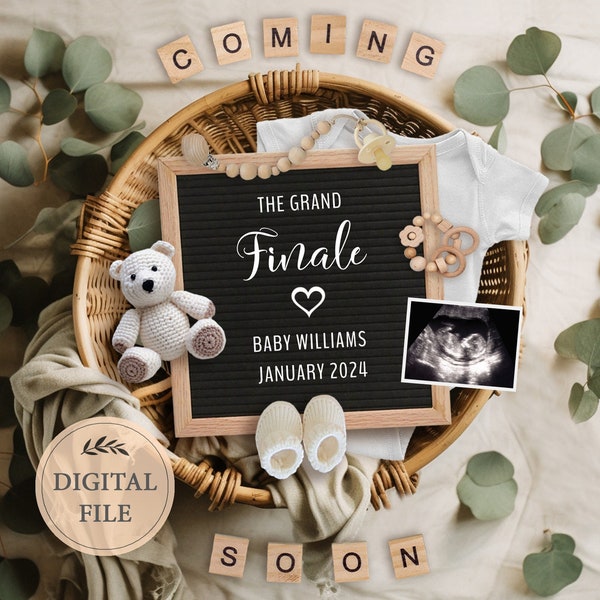 Last baby digital pregnancy announcement for social media, Grand finale baby announcement with ultrasound picture, Editable template