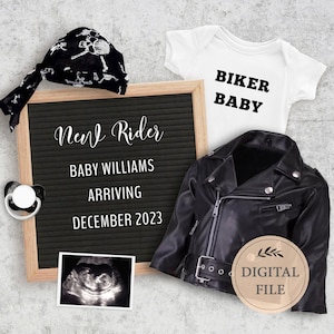 Biker digitale Schwangerschaftsmitteilung Dezember für Social Media, Motorrad-Babymitteilung mit Ultraschallbild, bearbeitbare Vorlage