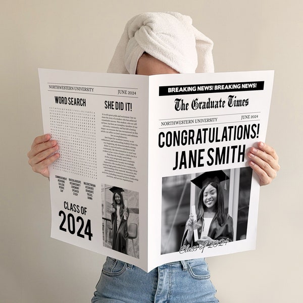 Graduation Newspaper template, Grad party photoshoot decorations, editable Newspaper PDF template