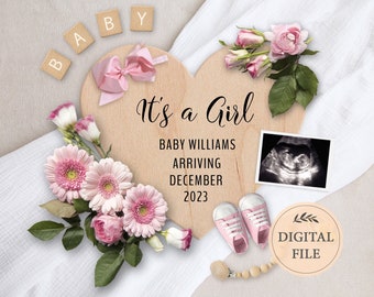 Girl baby announcement digital, Spring pregnancy announcement for social media, Girl baby reveal, Editable template