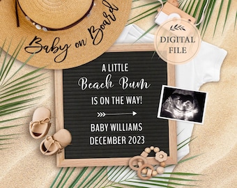 Beach bum baby digital pregnancy announcement, Tropical baby announcement for social media, Summer baby reveal, Editable template