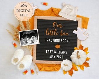 Halloween baby announcement for social media, Digital pregnancy announcement April 2023, fall pregnancy reveal, new little boo