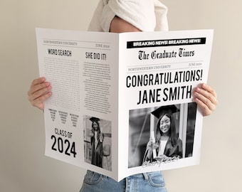 Graduation Newspaper template, Grad party photoshoot decorations, editable Newspaper PDF template