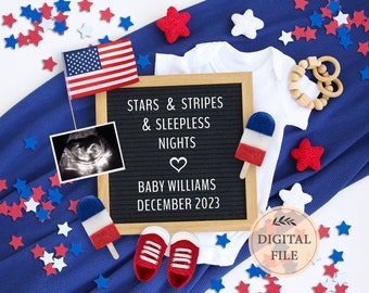 May include: A black letter board with the text "Stars & Stripes & Sleepless Nights" and "Baby Williams December 2023".  The board is surrounded by red, white, and blue stars, a baby onesie, a popsicle, a pair of red baby shoes, and an ultrasound image.