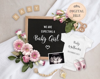 Baby Girl pregnancy announcement digital, Spring baby announcement for social media, Girl baby reveal, Editable template