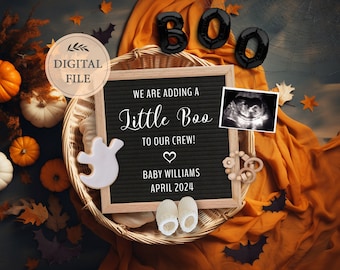 Halloween digital pregnancy announcement, Little Boo baby announcement for social media with sonogram, Editable template