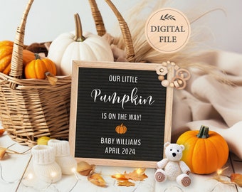 Digital pregnancy announcement fall, Baby announcement for social media without ultrasound picture, Editable template, Little pumpkin