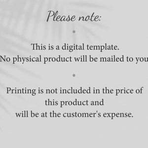 Op de afbeelding: Een digitale sjabloon met de tekst "Let op: Dit is een digitale sjabloon. Er wordt geen fysiek product naar u verzonden. Afdrukken is niet inbegrepen in de prijs van dit product en is voor rekening van de klant."