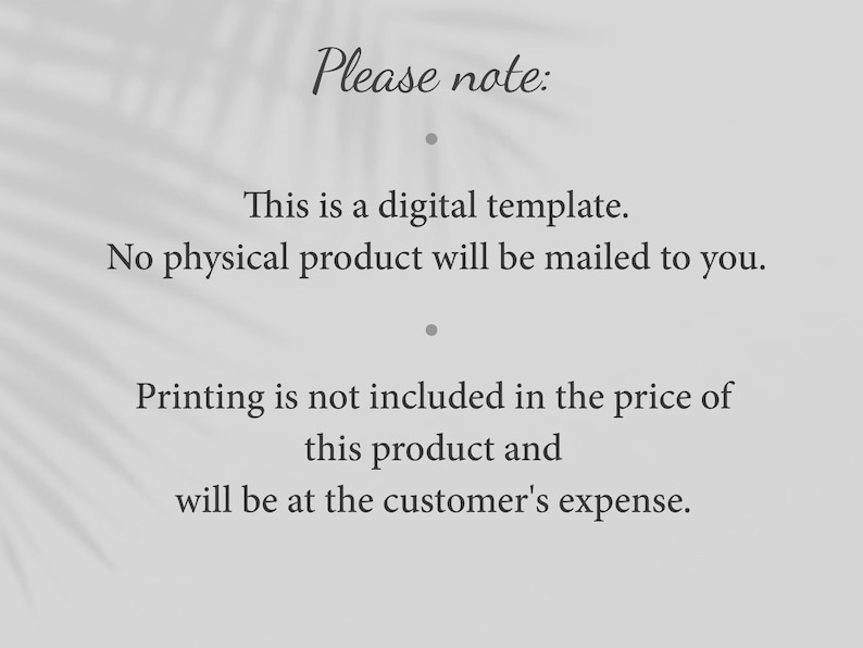 Op de afbeelding: Een digitale sjabloon met de tekst "Let op: Dit is een digitale sjabloon. Er wordt geen fysiek product naar u verzonden. Afdrukken is niet inbegrepen in de prijs van dit product en is voor rekening van de klant."