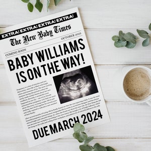 Newspaper pregnancy announcement template, New Baby News, Baby shower games editable Newspaper template image 6