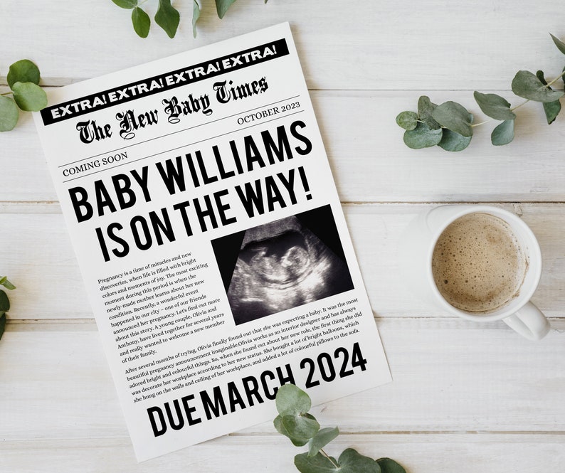 Op de afbeelding: Een zwangerschapsaankondiging in krantenstijl met de kop "Baby Williams is on the Way!" en een echografiebeeld. Gedateerd oktober 2023, met een uitgerekende datum in maart 2024.