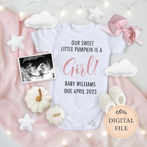 Girl pregnancy announcement digital fall, baby announcement autumn, Thanksgiving social media post, Facebook pregnancy, April 2023