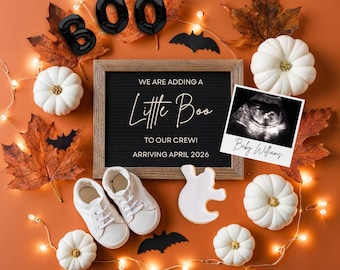 Little Boo Pregnancy Announcement: Halloween Baby Reveal, Editable Canva Template (Digital Download)