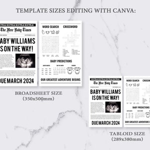 Op de afbeelding: Baby aankondiging sjablonen in krantenstijl, beschikbaar in broadsheet (350x500mm) en tabloid (289x380mm) formaten. De kop luidt "BABY WILLIAMS IS ON THE WAY!" met een echo-afbeelding en vervaldatum.
