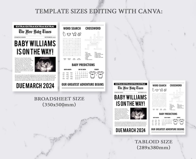 Op de afbeelding: Baby aankondiging sjablonen in krantenstijl, beschikbaar in broadsheet (350x500mm) en tabloid (289x380mm) formaten. De kop luidt "BABY WILLIAMS IS ON THE WAY!" met een echo-afbeelding en vervaldatum.