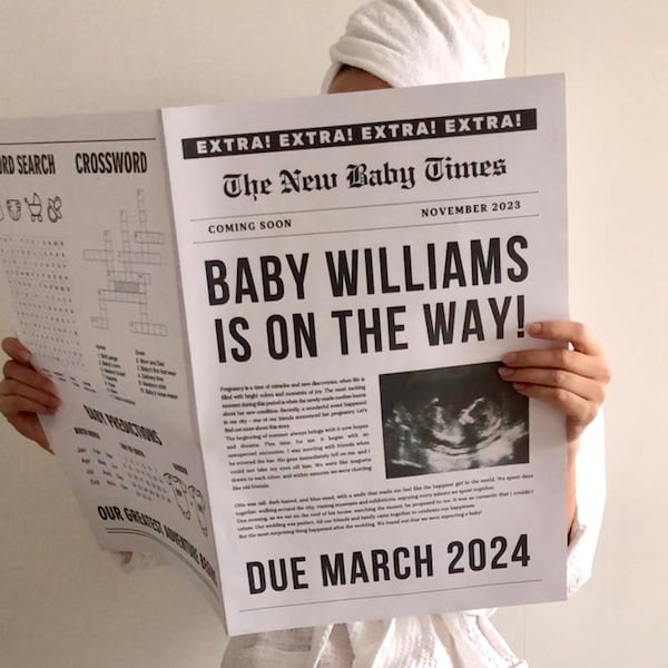 Plantilla de anuncio de embarazo en periódico, New Baby News, Plantilla de periódico editable de juegos de baby shower