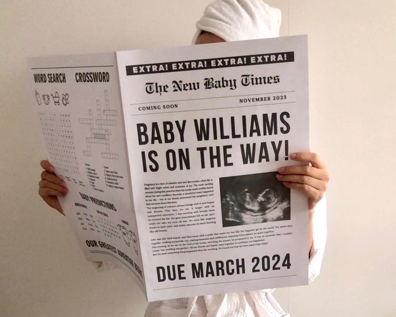 Op de afbeelding: Een krantachtige aankondiging met de kop "BABY WILLIAMS IS ON THE WAY!" en de tekst "DUE MARCH 2024." De krant bevat ook een kruiswoordpuzzel en de datum "NOVEMBER 2023."