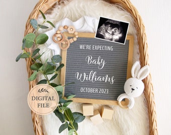 Neutral digital pregnancy announcement for social media, Editable letterboard baby announcement with ultrasound picture