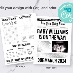Newspaper pregnancy announcement template, New Baby News, Baby shower games editable Newspaper template image 7