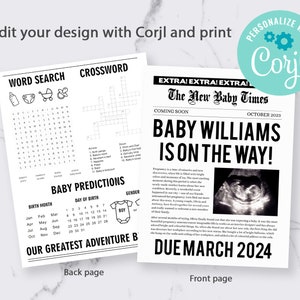 Op de afbeelding: Een aankondiging in krantenstijl met de kop "BABY WILLIAMS IS ON THE WAY!" en "DUE MARCH 2024." De voorpagina bevat een echografiebeeld. De achterpagina bevat een woordzoeker, kruiswoordraadsel en babyvoorspellingen.