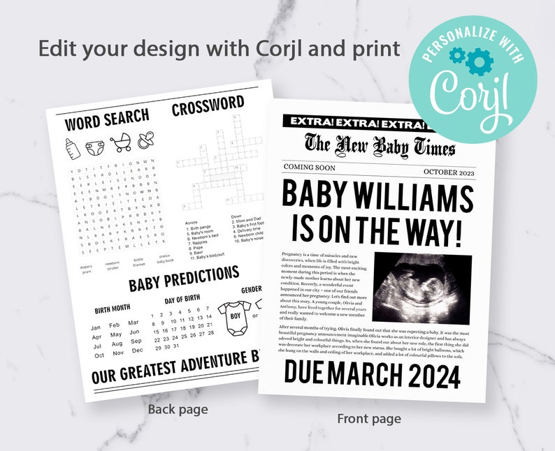 Op de afbeelding: Een aankondiging in krantenstijl met de kop "BABY WILLIAMS IS ON THE WAY!" en "DUE MARCH 2024." De voorpagina bevat een echografiebeeld. De achterpagina bevat een woordzoeker, kruiswoordraadsel en babyvoorspellingen.