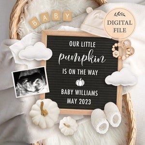 Gender neutral pregnancy announcement digital with white pumpkin, Fall baby announcement, Autumn social media post for Instagram, May 2023