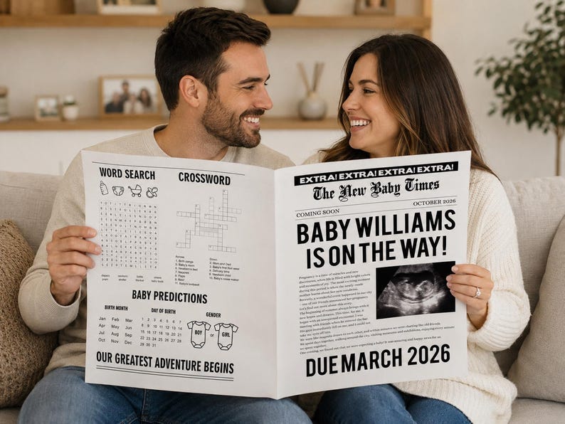 Sjabloon voor zwangerschapsaankondiging in de krant: Bewerkbaar babynieuws (digitale download) afbeelding 1