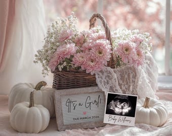 Baby Girl Pregnancy Announcement Fall: Gender Reveal with pumpkin, Editable Canva Template (Digital Download)