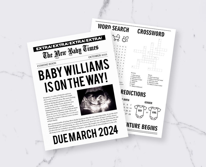 Op de afbeelding: Twee zwart-wit aankondigingskaarten. E&eacute;n lijkt op een krantenkop en kondigt aan "Baby Williams is onderweg!" met een echografiebeeld en een uitgerekende datum in maart 2024. De andere kaart bevat een woordzoeker, kruiswoordraadsel en geslachts voorspellingen.