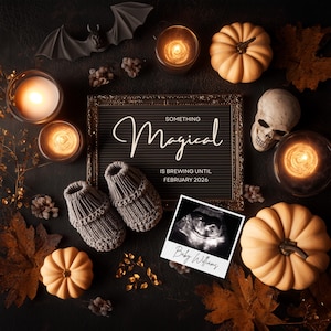 Magical Halloween Pregnancy Announcement: Witchy Baby Reveal, Gender Neutral Canva Template (Digital Download)