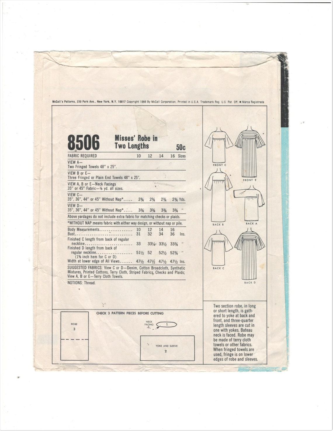 1960's Mail Order Robe Pattern - Bust 34