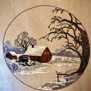 Vintage Crewel Country Winter Home (Unframed)