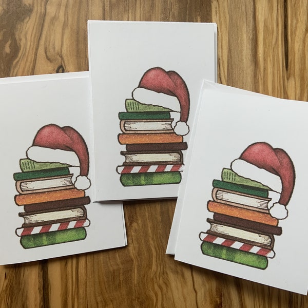 Holiday Book Lover, Set of 3 Mini Santa Hat Greeting Cards, Art Cards, Book Club, Christmas Theme