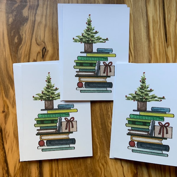 Holiday Book Lover, Set of 3 Mini Tree Greeting Cards, Art Cards, Book Club, Christmas Theme