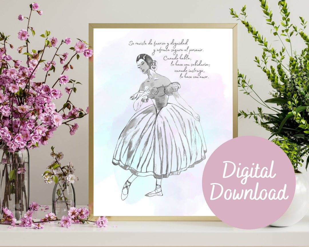 Ballerina Hand Drawing With Watercolor Background and Inspirational Quote in Spanish. Digital