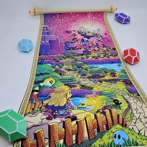 May include: A vertical wall scroll featuring a colorful fantasy landscape illustration with a blonde character in a purple tunic holding a glowing staff. The scene includes a floating castle, green trees, a stone path, and four geometric gem-shaped tokens.