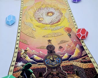May include: A vertical wall scroll featuring a colorful illustration of a fantasy town with a large clock tower, a moon with a face in the sky, and a character in green clothing. Four multi-faceted geometric gems in blue, green, red, and purple surround it.