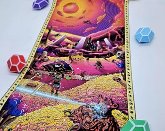 May include: A vertical wall scroll featuring a vibrant fantasy landscape with a yellow field, a purple sky, and a central figure holding a shield. The scroll is framed by wooden rods and surrounded by four colorful, faceted geometric gem-shaped tokens.
