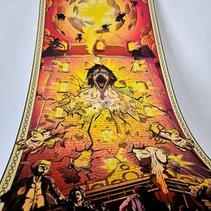 May include: A vibrant, detailed illustration depicting a colossal figure breaking through a brick wall. The artwork features a dynamic composition with a warm color palette of oranges, yellows, and reds, with figures in the foreground.