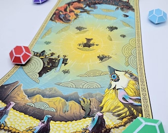 May include: A vertical wall scroll featuring a fantasy landscape illustration with a central sun, floating islands, and two large creatures. The scroll is surrounded by four multi-faceted, gem-shaped tokens in red, purple, blue, and green colors.