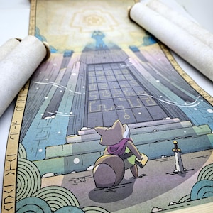 May include: An illustrated scroll featuring a cartoon fox character in a fantasy setting. The fox, wearing a purple scarf, stands before a large structure with a sword nearby. The artwork is in shades of blue, green, and brown, with a detailed architectural background.