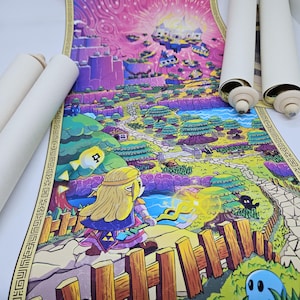 May include: A colorful, illustrated scroll featuring a fantasy landscape with a character in the foreground. The artwork has a vibrant color palette with pink, purple, green, and blue hues. The scroll is partially rolled, revealing the detailed artwork and wooden dowels.