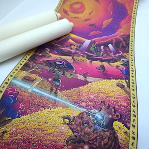 May include: A colorful scroll featuring a fantasy landscape with a character holding a banner. The artwork has a vibrant color palette of pink, purple, and yellow. The scroll is rolled up with wooden dowels at the top.