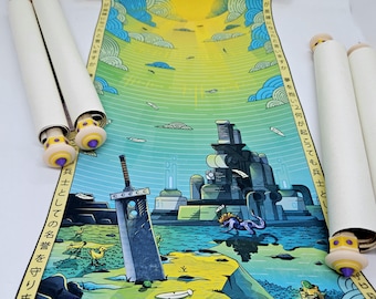 Puede incluir: Un pergamino de pared con una ilustración vibrante de una gran espada clavada en el suelo, una criatura morada y una estructura industrial futurista bajo un sol amarillo. El pergamino tiene varillas de madera crema con detalles morados.