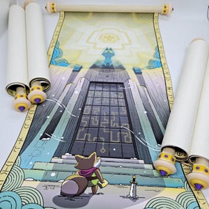 May include: A wall scroll featuring a printed illustration of a small, brown, fox-like creature standing before a large, dark stone doorway with a glowing maze pattern. The scroll has light-colored wooden rods with purple and yellow end caps.