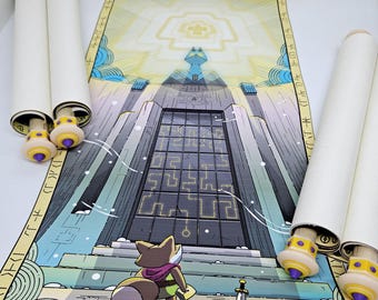 Puede incluir: Un tapiz de pared con una ilustración impresa de una pequeña criatura marrón similar a un zorro frente a una gran puerta de piedra oscura con un patrón de laberinto brillante. Las varillas de madera clara tienen extremos morados y amarillos.