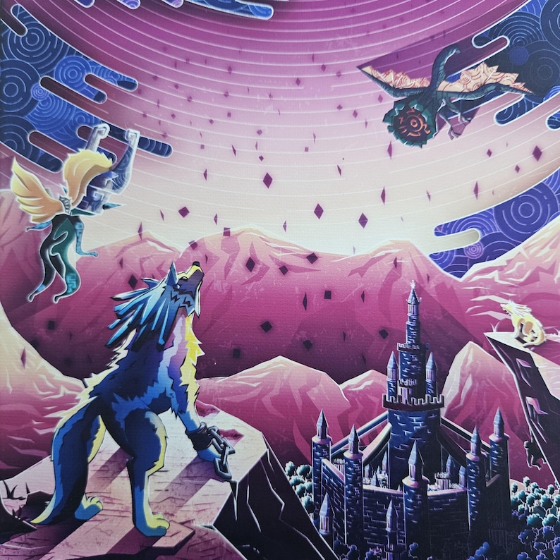 Puede incluir: Una vibrante ilustraci&oacute;n digital que muestra a un lobo azul sobre un acantilado frente a un castillo. Una figura alada flota cerca, mientras un objeto oscuro y giratorio desciende de un cielo p&uacute;rpura lleno de part&iacute;culas en forma de diamante.