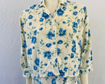 Vintage Blue Floral Rose Print Pajama Set